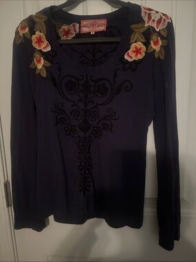 Johnny Was Purple Long-Sleeve Scoop Neck Top with Embroidered Floral Shoulders
